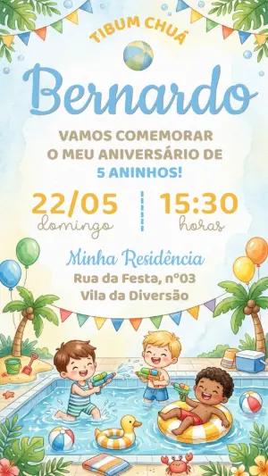 Convite Aniversário Festa na Piscina Menino Aquarela Editável