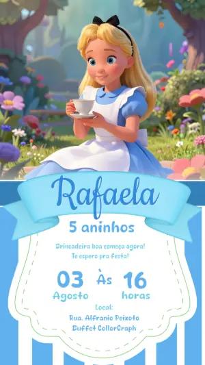 Convite de Aniversário Alice no País das Maravilhas 3D Editável
