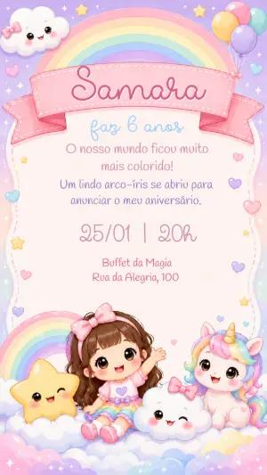 Convite de Aniversário Unicórnio Arco-Íris Rosa Editável