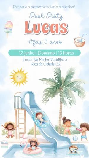Convite Digital Festa na Piscina Infantil Aquarela para Editar