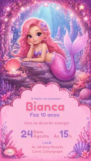 Convite de Aniversário Sereia Rosa Mágica | Modelo Editável