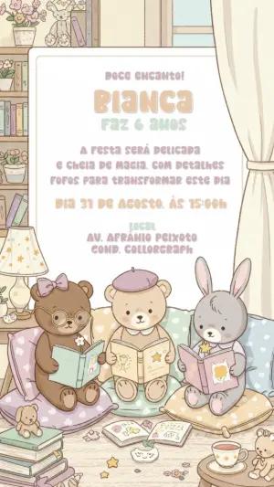 Convite Aniversário Ursinhos Fofos Lendo para Editar Online