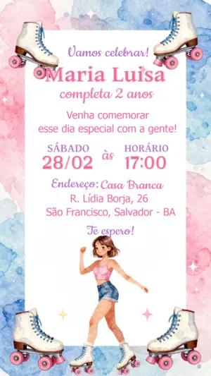 Convite de Aniversário Tema Patins Roller Aquarela para Editar
