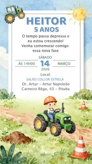Convite de Aniversário Infantil Trator Aquarela para Editar