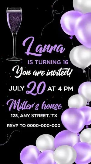 Elegant Purple 16th Birthday Invitation Editable Template