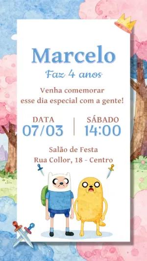 Convite de Aniversário Hora de Aventura Aquarela para Editar
