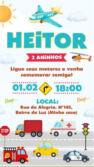 Convite de Aniversário Meios de Transporte Editável