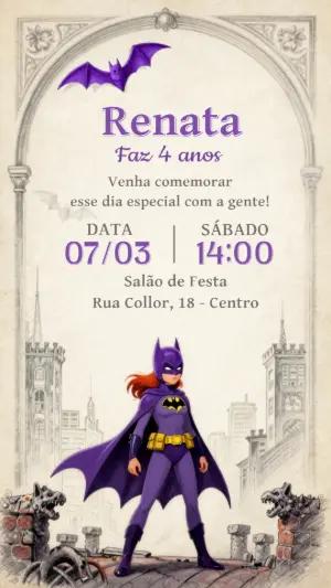 Convite de Aniversário Batgirl Roxo para Editar e Imprimir