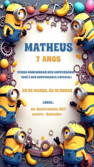 Convite de Aniversário Minions Editável Online para Imprimir