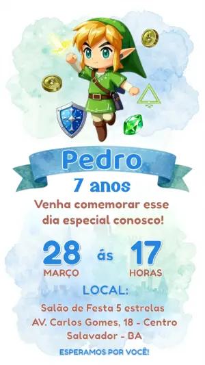 Convite Digital Tema Zelda para Aniversário Infantil Editável