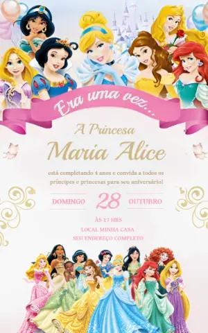 Convite Digital Aniversário Tema Princesas para Editar