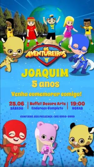 Convite Animado Os Aventureiros para Aniversário Editável