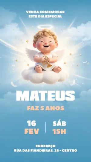 Convite Digital Aniversário Infantil Tema Anjinho Editável
