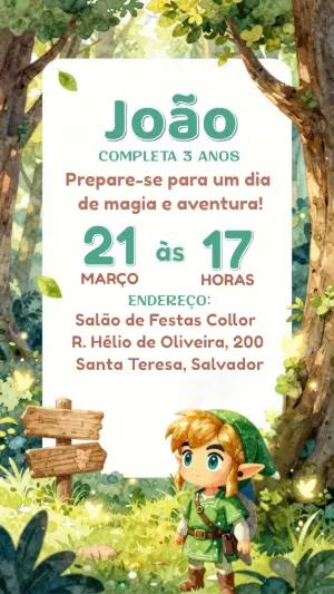 Convite Digital Aniversário Infantil Tema Aventura Zelda para Editar