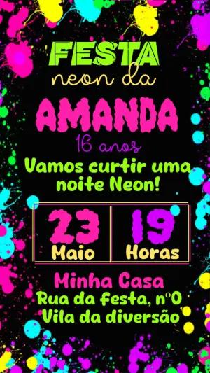 Convite de Aniversário Festa Neon Colorido para Editar
