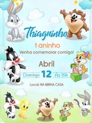 Convite de Aniversário Baby Looney Tunes Fofo para Editar