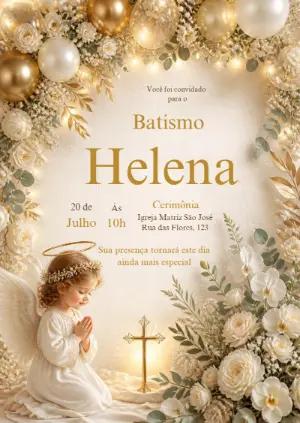 Convite de Batismo Menina Anjo com Floral Dourado para Editar