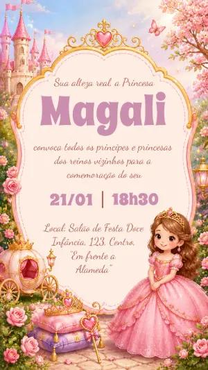 Convite de Aniversário Princesa Rosa e Dourado Editável