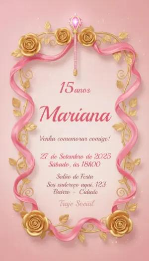 Convite 15 Anos Princesa Rosa e Dourado Modelo Editável