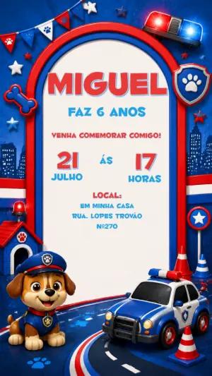 Convite de Aniversário Patrulha Canina Chase Editável