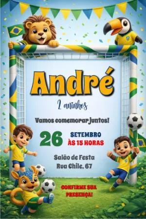 Convite de Aniversário Futebol Brasil 3D para Editar