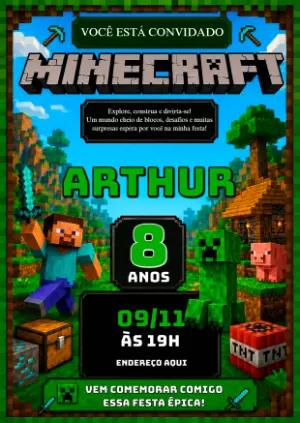 Convite de Aniversário Minecraft Pixelado para Editar