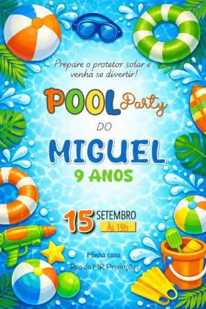Convite de Aniversário Pool Party Infantil Colorido para Editar