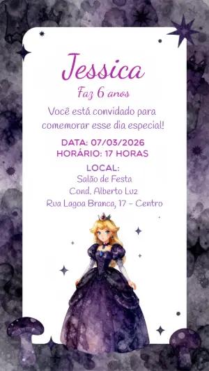 Convite de Aniversário Princesa Gótica Roxo para Editar