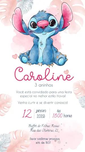 Convite de Aniversário Stitch Aquarela Havaí para Editar
