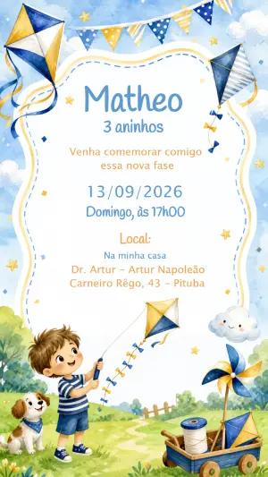 Convite de Aniversário Menino Pipa e Catavento Editável