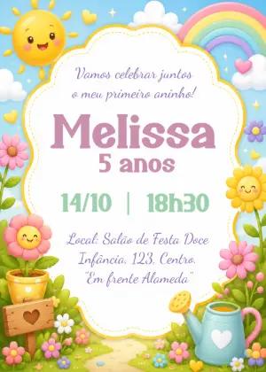 Convite de Aniversário Raio de Sol e Jardim Modelo Editável