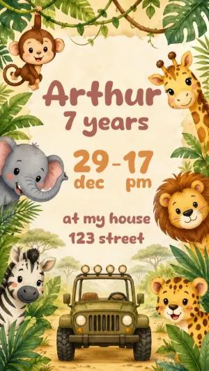 Cute Safari Animals Birthday Invitation - Editable Template