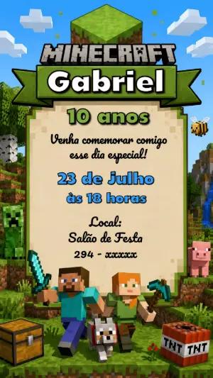 Convite de Aniversário Minecraft com Steve e Alex para Editar