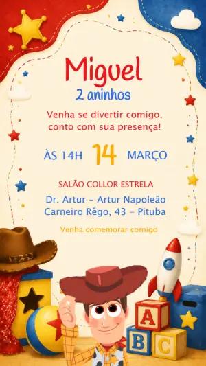 Convite de Aniversário Toy Story Cowboy Brinquedos Editável