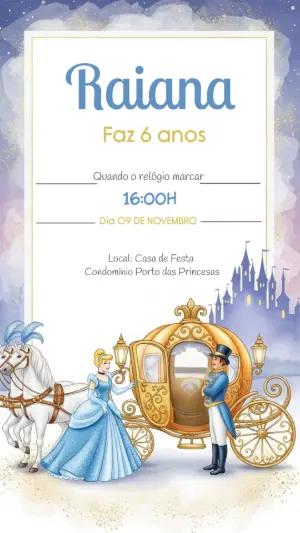 Convite de Aniversário Cinderela para Editar e Imprimir