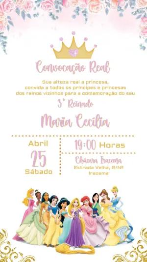 Convite de Aniversário Princesas Disney Rosa e Dourado para Editar