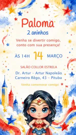 Convite Aniversário Mulher-Maravilha Fofa Aquarela Editável