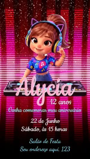 Convite de Aniversário DJ Menina Neon para Editar