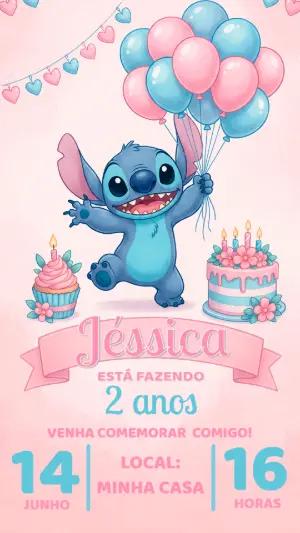 Convite de Aniversário Stitch Rosa e Azul para Editar