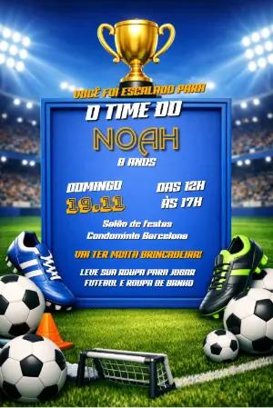 Convite Digital Editável Aniversário Tema Futebol com Troféu