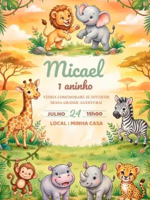Convite de Aniversário Safari Baby Aquarela para Editar