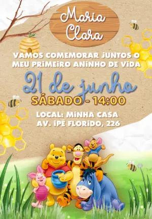 Convite de Aniversário Ursinho Pooh com Amigos para Editar Online