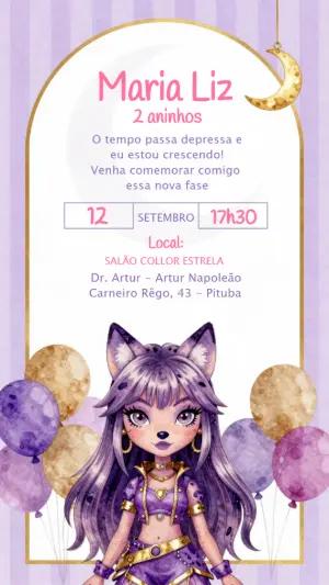 Convite de Aniversário Loba Fashion Roxo e Dourado Editável