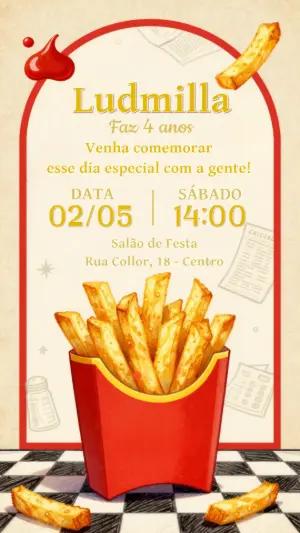 Convite de Aniversário Infantil Batata Frita Editável