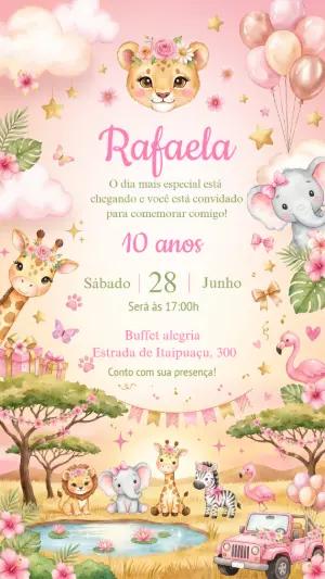 Convite Aniversário Safari Rosa Animais Fofos para Editar