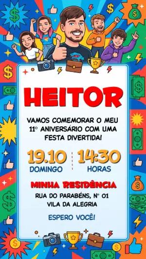 Convite de Aniversário MrBeast Youtuber Colorido para Editar Online