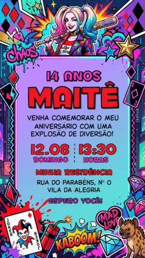 Convite de Aniversário Arlequina Colorido para Editar