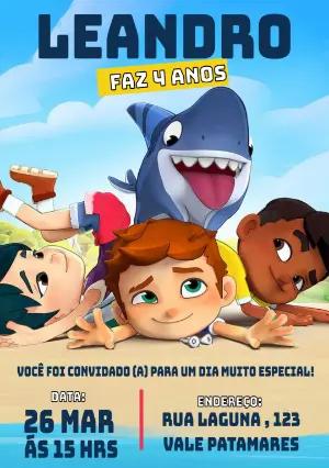Convite Aniversário Sharkdog com Personagens para Editar Online