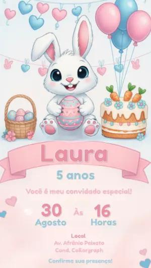 Convite de Aniversário Coelhinho Fofo Rosa e Azul para Editar