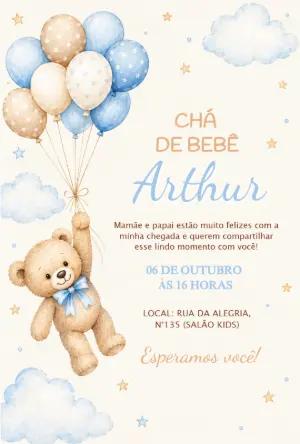 Convite Chá de Bebê Ursinho com Balões para Editar